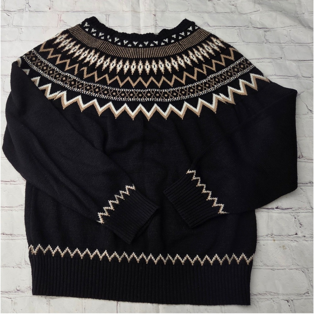 Workshop Republic Clothing Womens Black Fair Isle Yoke Knit Pullover Sweater L